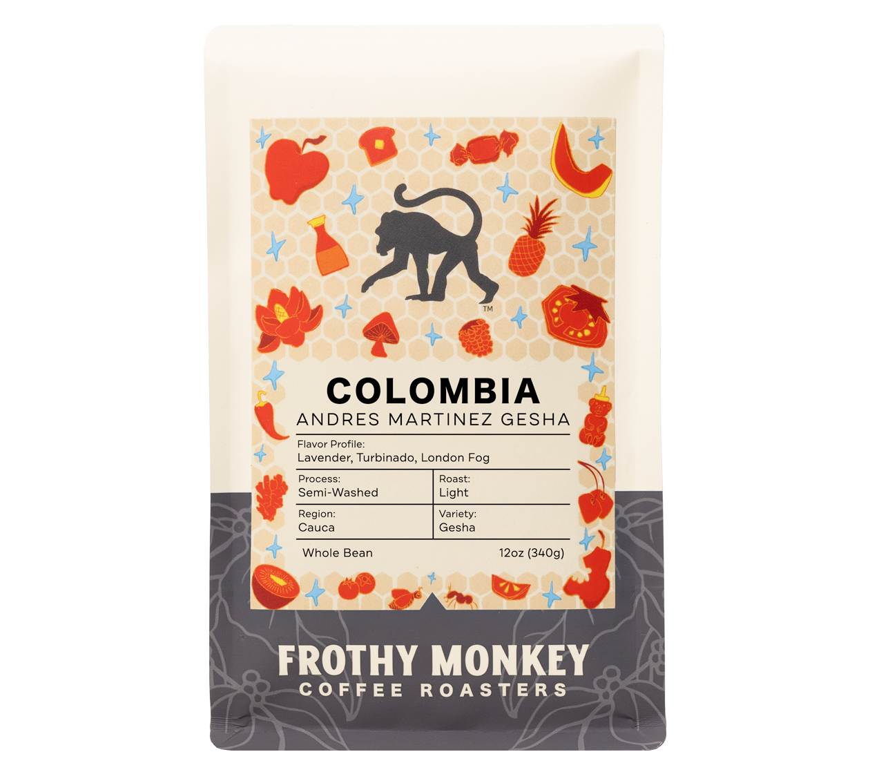 Colombia Andres Martinez Gesha coffee 12oz bag from Frothy Monkey Coffee Roasters showing lavender turbinado sugar London Fog tasting notes semi-washed light roast Cauca region Gesha variety whole bean