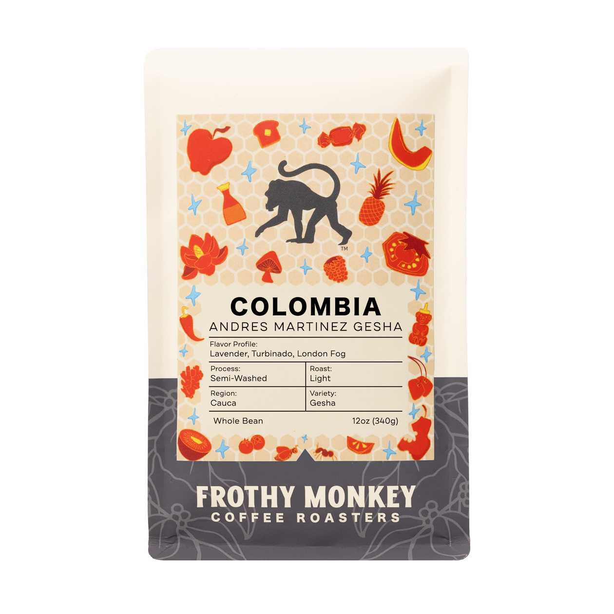 Colombia Andres Martinez Gesha coffee 12oz bag from Frothy Monkey Coffee Roasters showing lavender turbinado sugar London Fog tasting notes semi-washed light roast Cauca region Gesha variety whole bean
