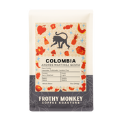 Colombia Andres Martinez Gesha coffee 12oz bag from Frothy Monkey Coffee Roasters showing lavender turbinado sugar London Fog tasting notes semi-washed light roast Cauca region Gesha variety whole bean