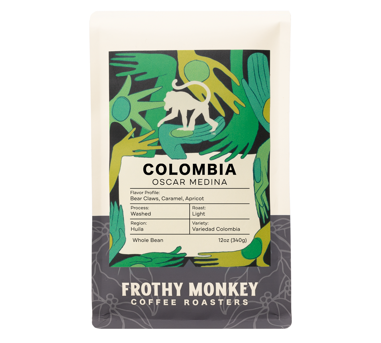 12oz bag of Frothy Monkey Colombia Oscar Medina single origin coffee, washed process light roast from Huila.