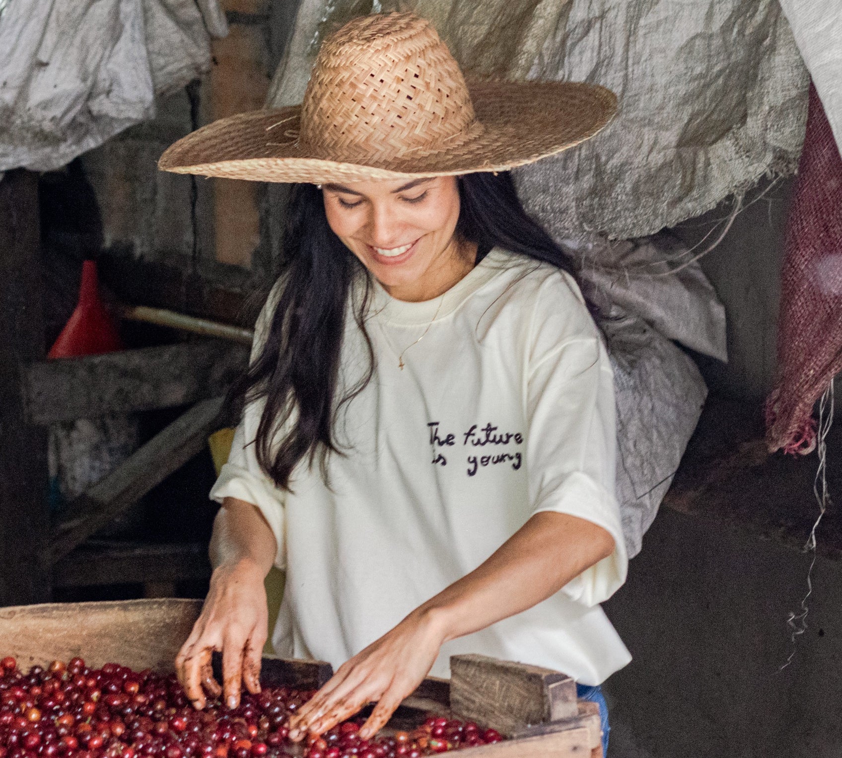 Carolina Ramirez in a straw hat and "The Future Is Young" T-shirt sorting coffee cherries in a wooden bin at San Antonio farm, Andes, Antioquia, 1,850 MASL