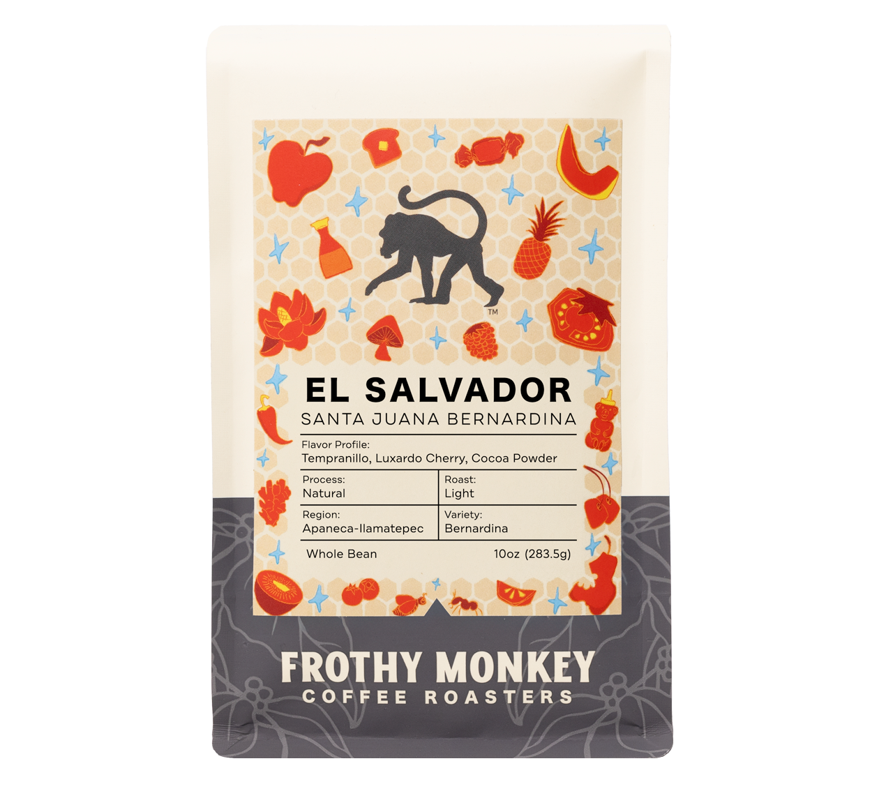 El Salvador Santa Juana Bernardina bag front, Tempranillo and Luxardo cherry natural Bernardina from Apaneca-Ilamatepec