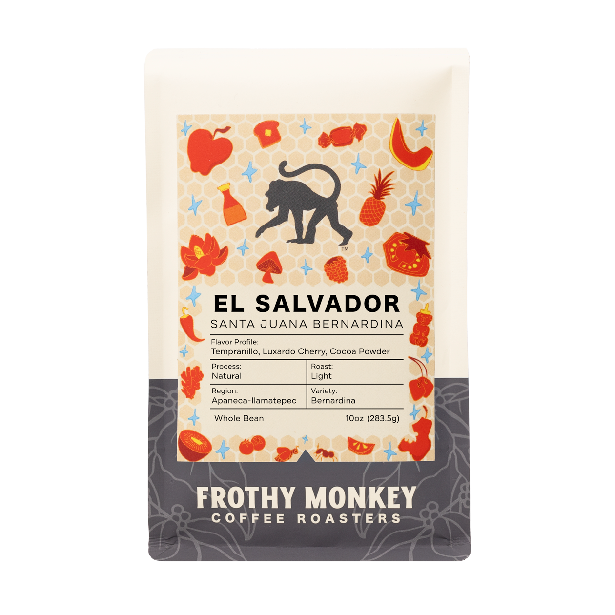 El Salvador Santa Juana Bernardina bag front, Tempranillo and Luxardo cherry natural Bernardina from Apaneca-Ilamatepec