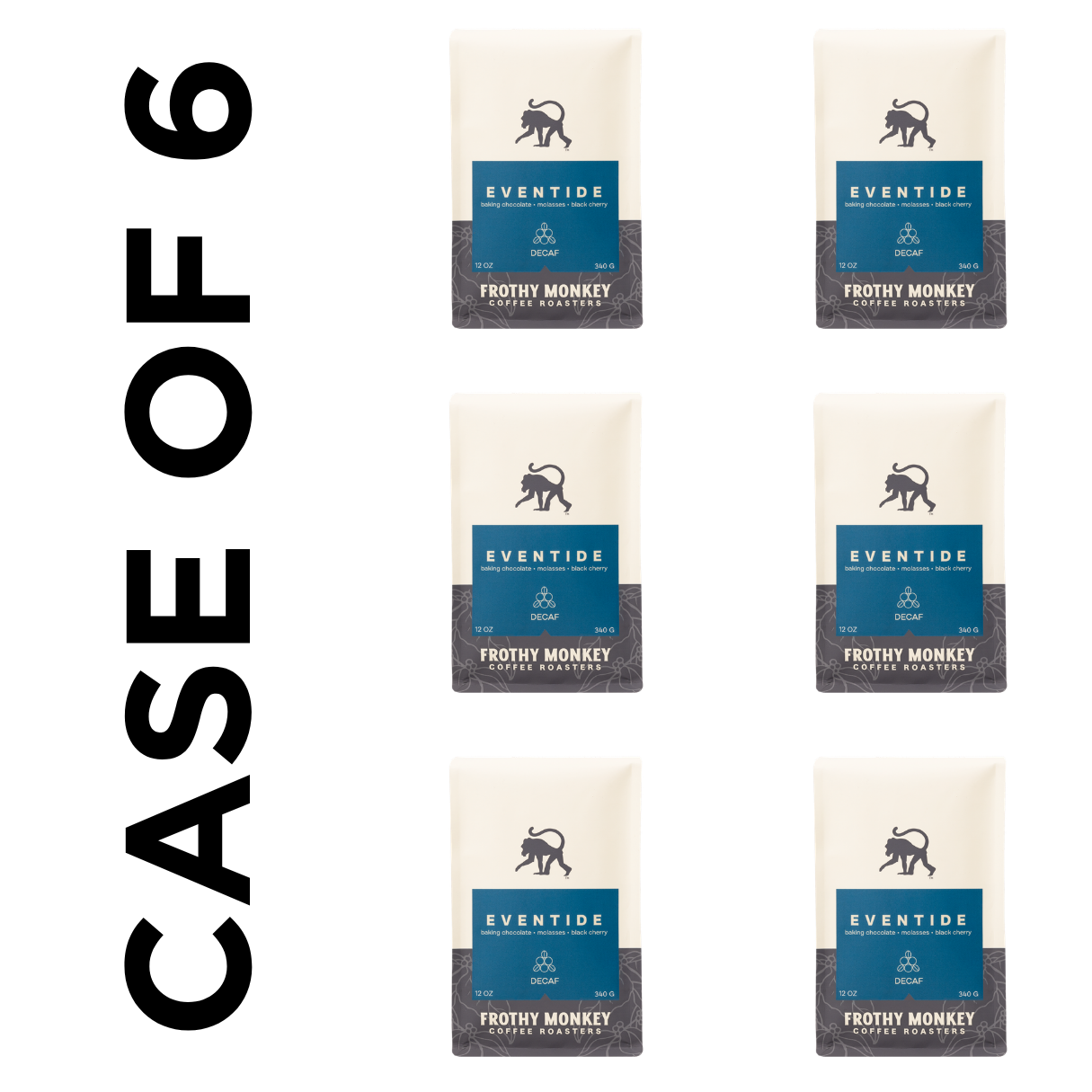 Case of six Eventide decaf coffee 12oz bags from Frothy Monkey Coffee Roasters