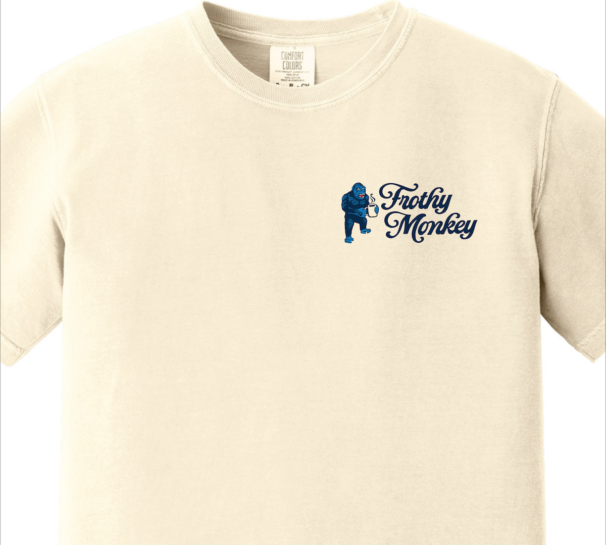 Frothy Monkey Matchbook tee in cream with the navy Kong gorilla and Frothy Monkey script chest print on Comfort Colors 1717 short sleeve t-shirt, front view