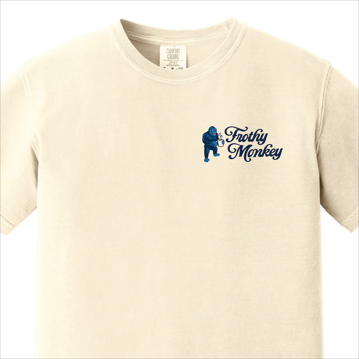 Frothy Monkey Matchbook tee in cream with the navy Kong gorilla and Frothy Monkey script chest print on Comfort Colors 1717 short sleeve t-shirt, front view