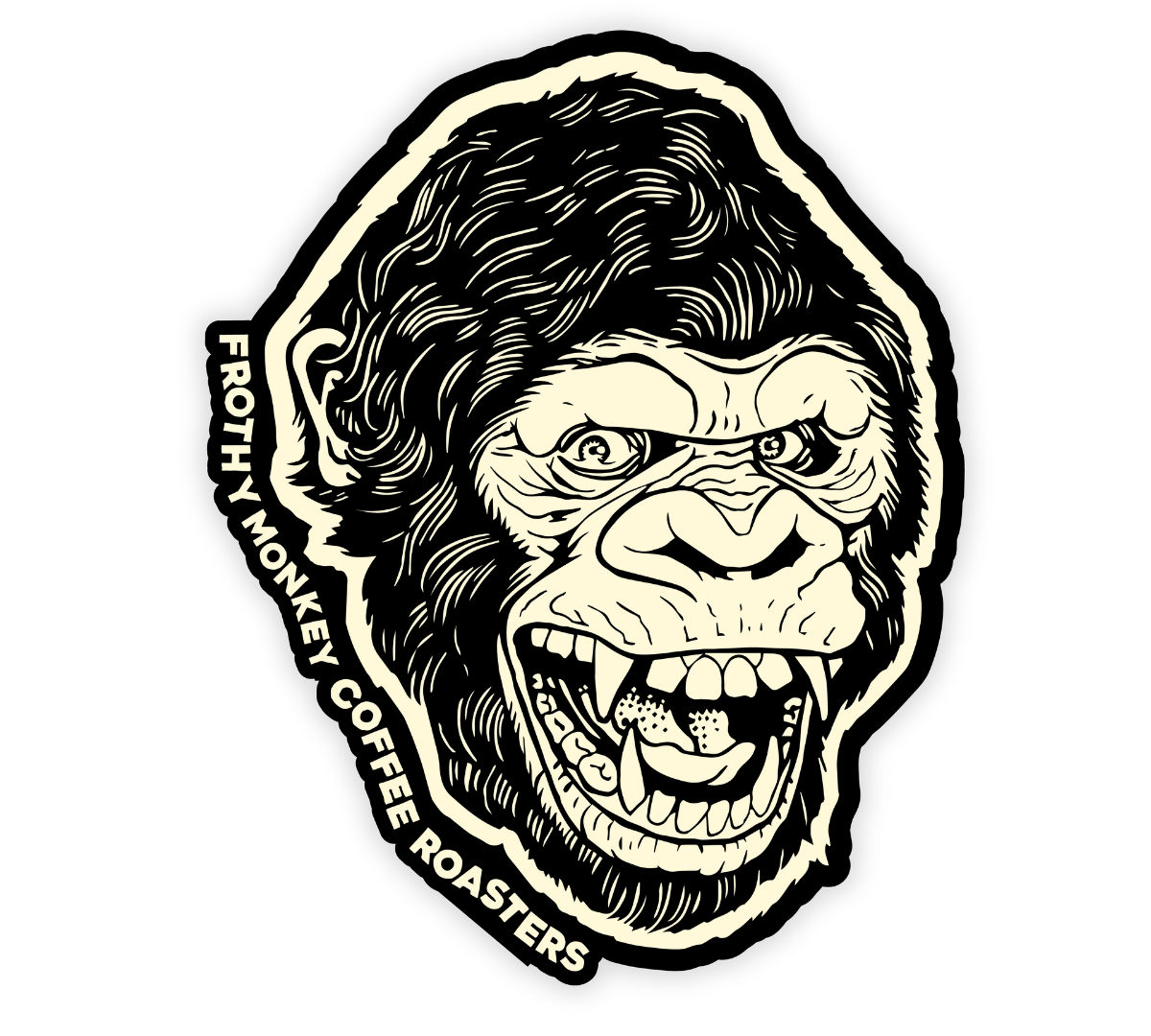 Die cut sticker of a snarling gorilla head illustrated in black and cream, with Frothy Monkey Coffee Roasters lettering curving down the left side