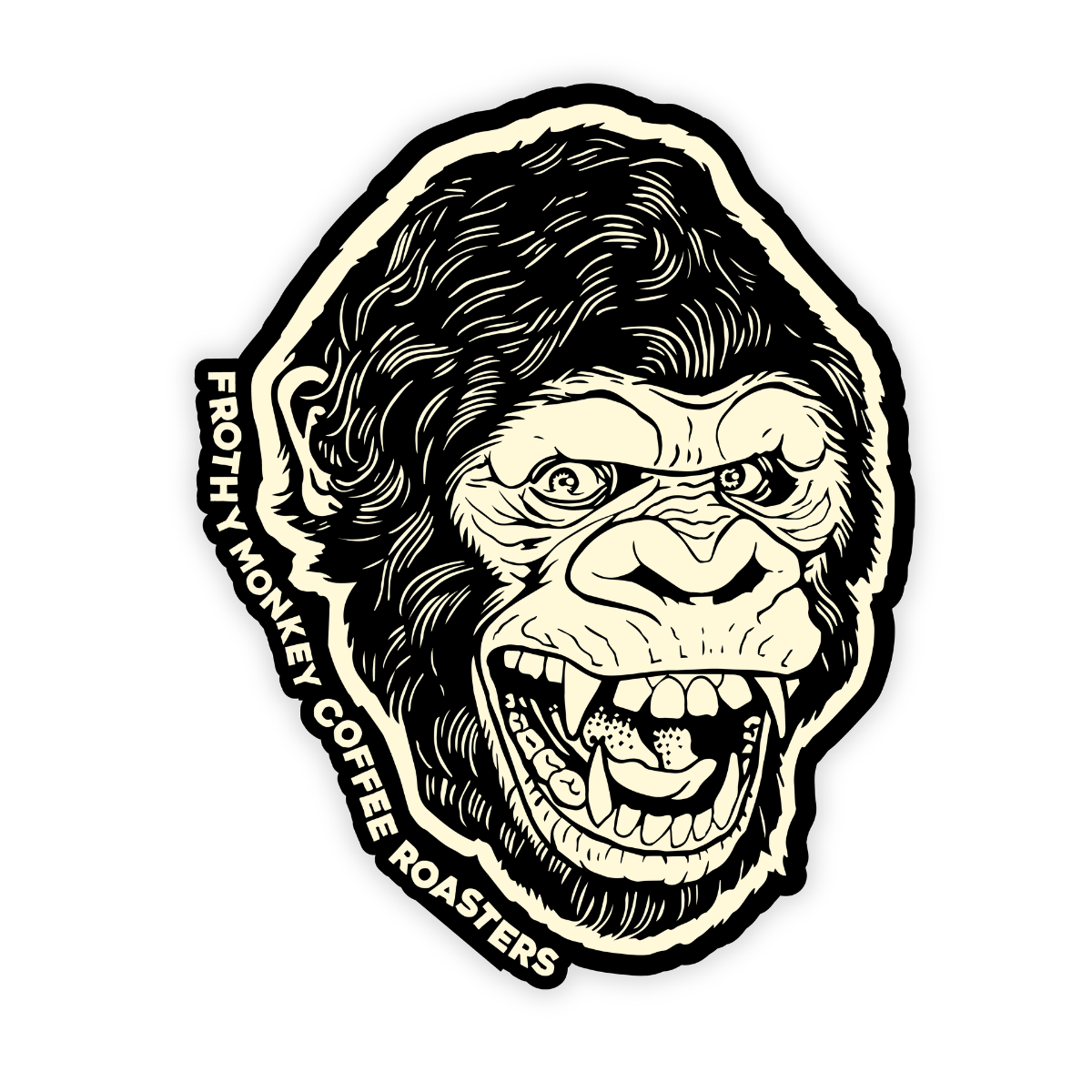 Die cut sticker of a snarling gorilla head illustrated in black and cream, with Frothy Monkey Coffee Roasters lettering curving down the left side