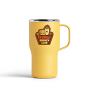 16oz Frothy's Brunch Club travel mug in honeycomb yellow with handle and lid