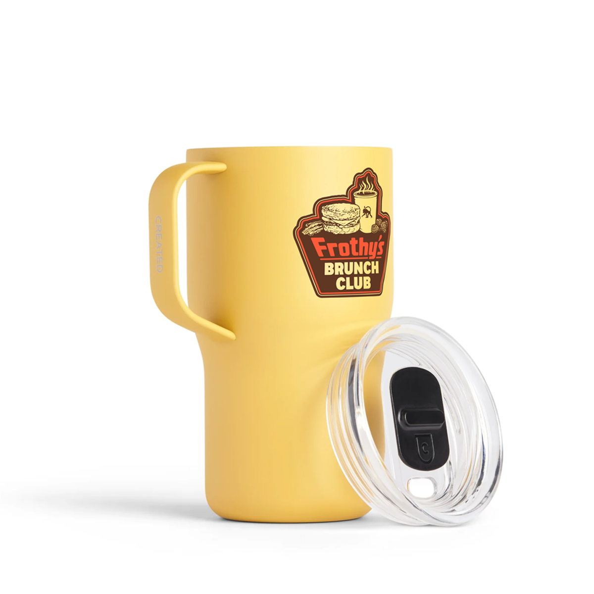 Frothy's Brunch Club travel mug with the slider lid off, showing the mouthpiece