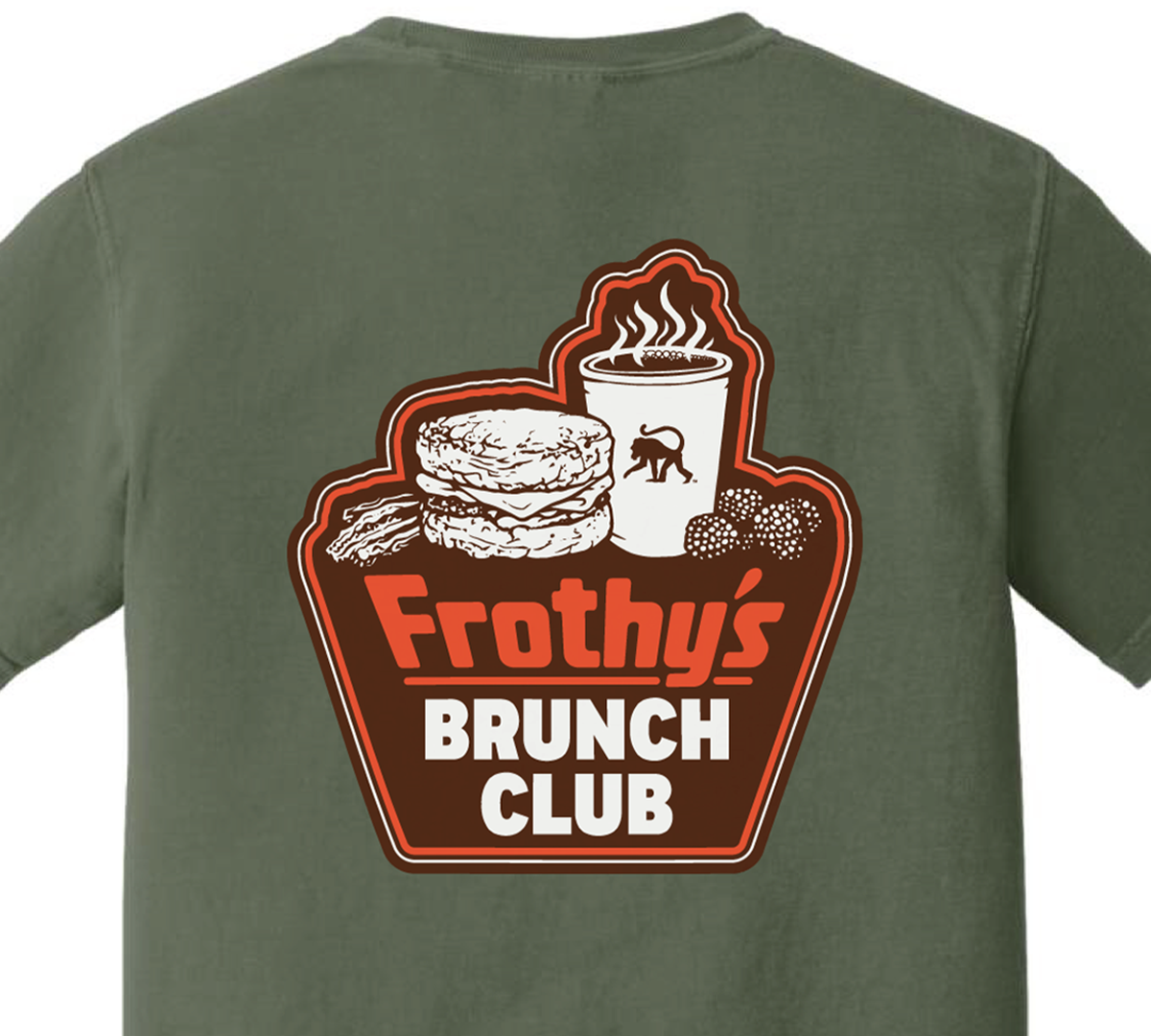 Frothy's Brunch Club T-shirt, a biscuit sandwich, bacon and steaming coffee cup above a retro sign, printed on the back of a sage green Comfort Colors shirt