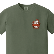 Front of the Frothy's Brunch Club T-shirt, small left chest badge on a sage green Comfort Colors shirt