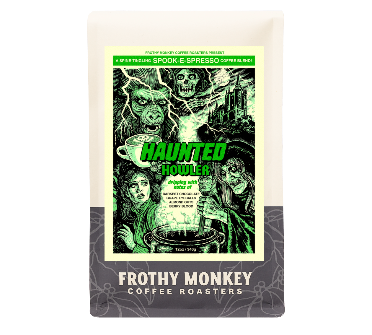 Haunted Howler 12oz bag from Frothy Monkey Coffee Roasters with a green 80s horror poster label by Neal Russler showing a werewolf, a witch at a cauldron, and a castle in a lightning storm