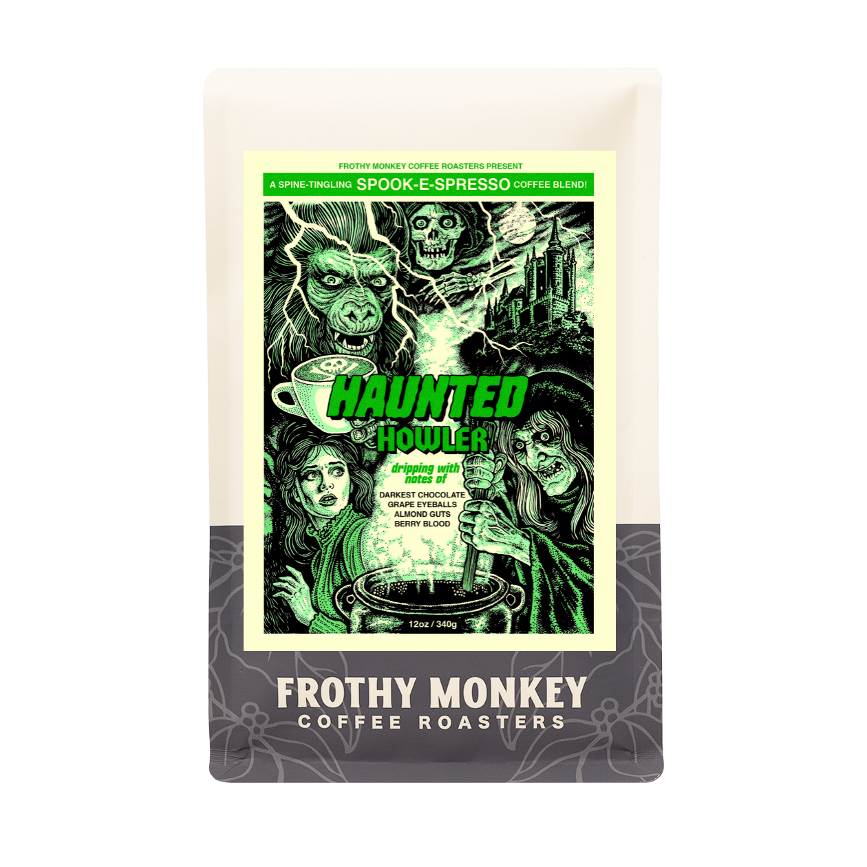 Haunted Howler 12oz bag from Frothy Monkey Coffee Roasters with a green 80s horror poster label by Neal Russler showing a werewolf, a witch at a cauldron, and a castle in a lightning storm
