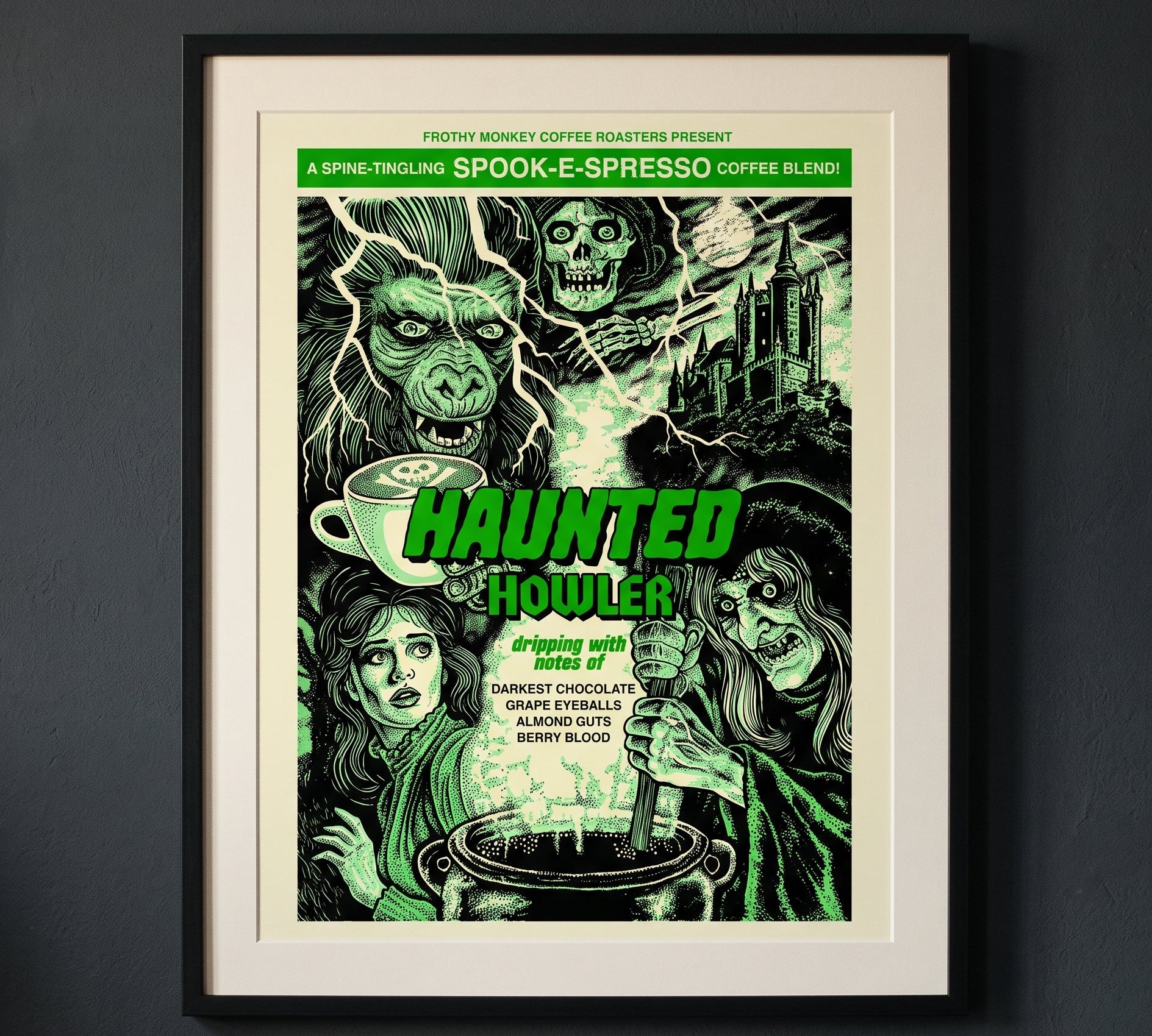 Haunted Howler 18 x 24 inch poster print by Neal Russler in a black frame with cream mat, hanging on a dark wall
