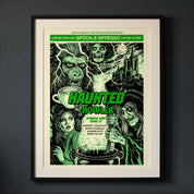 Haunted Howler 18 x 24 inch poster print by Neal Russler in a black frame with cream mat, hanging on a dark wall