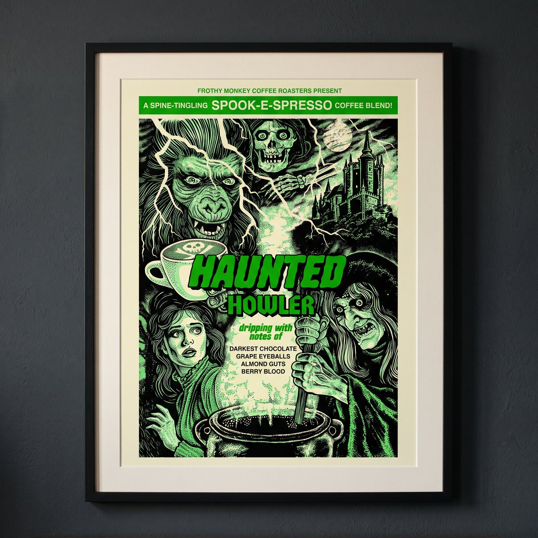 Haunted Howler 18 x 24 inch poster print by Neal Russler in a black frame with cream mat, hanging on a dark wall