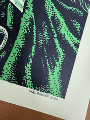 Close-up of Neal Russler's handwritten signature and 2026 date on the poster's bottom margin, showing the green and navy halftone print texture