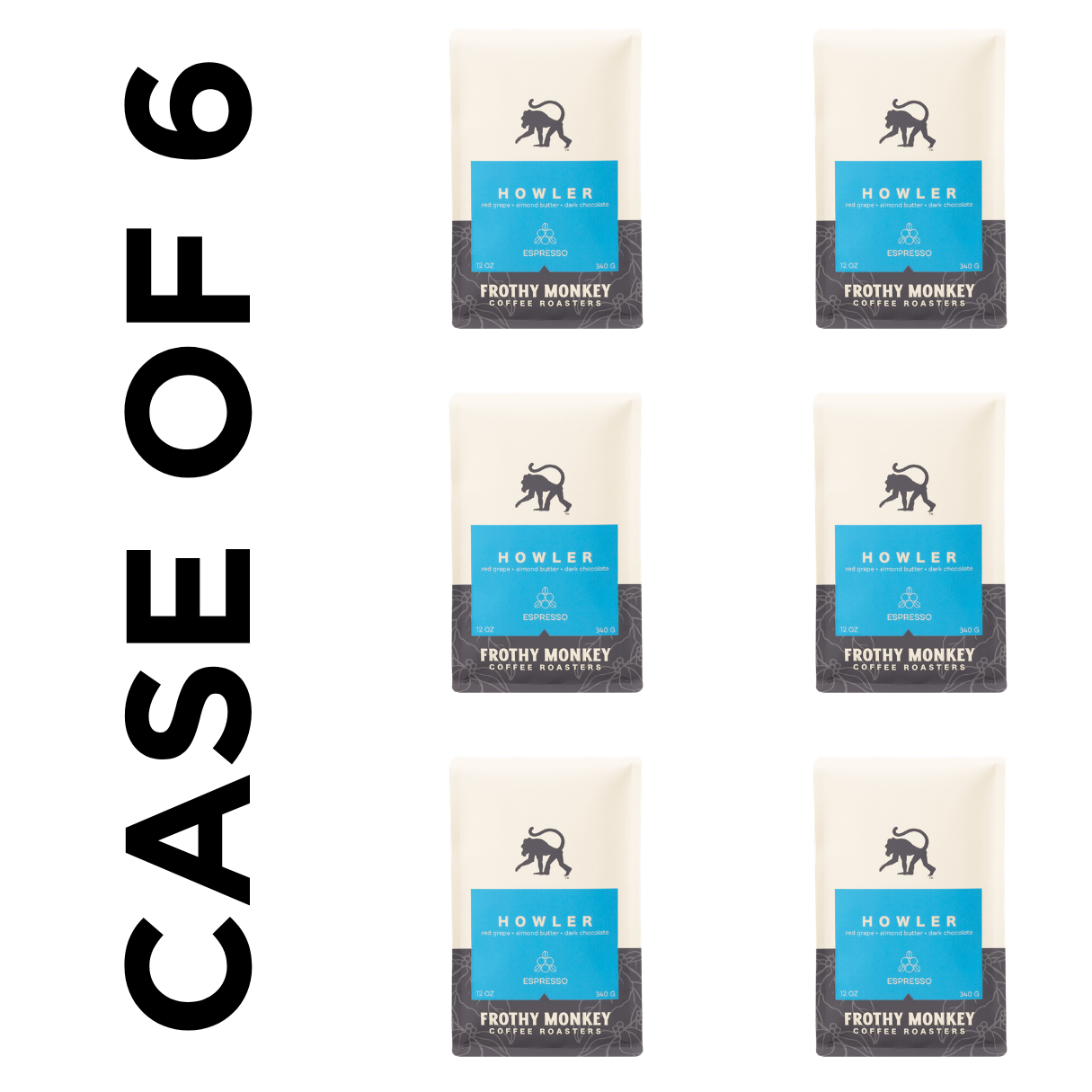 Case of six Howler coffee 12oz bags from Frothy Monkey Coffee Roasters