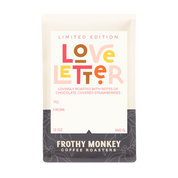Love Letter Limited Edition coffee bag flat view displaying full front label with colorful Love Letter lettering, gift fields, and Frothy Monkey branding at bottom"