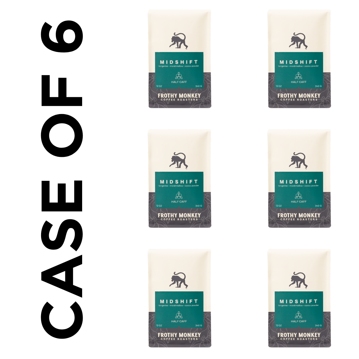 Case of six Midshift half caff coffee 12oz bags from Frothy Monkey Coffee Roasters