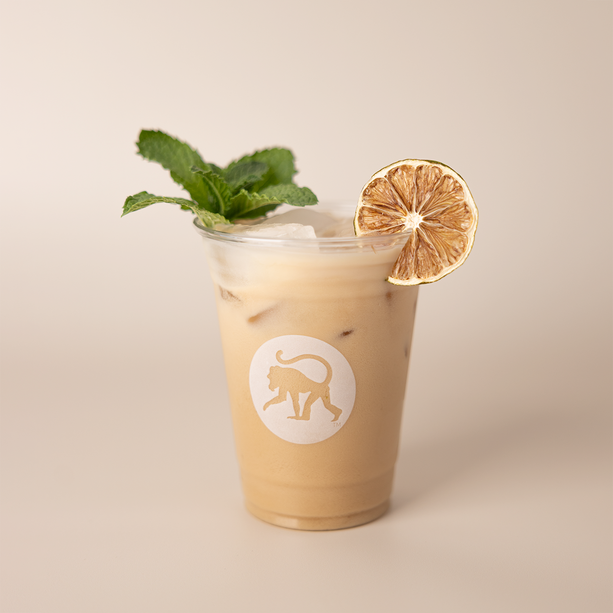 Mint mojito cold brew in a Frothy Monkey branded cup, garnished with fresh mint and a dried citrus wheel.