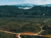 Aerial view of forested hillsides and a winding mountain road in the Waghi Valley, Western Highlands, Papua New Guinea, coffee growing country around 1,585 MASL.