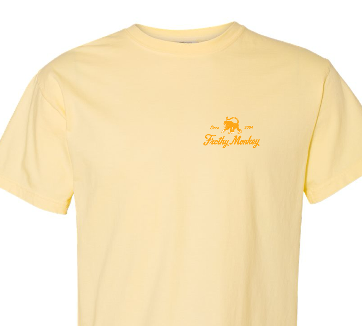 Frothy Monkey vintage logo tee in Banana Yellow with Brunch Yellow chest print on Comfort Colors 1717 short sleeve t-shirt, front view
