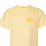Frothy Monkey vintage logo tee in Banana Yellow with Brunch Yellow chest print on Comfort Colors 1717 short sleeve t-shirt, front view