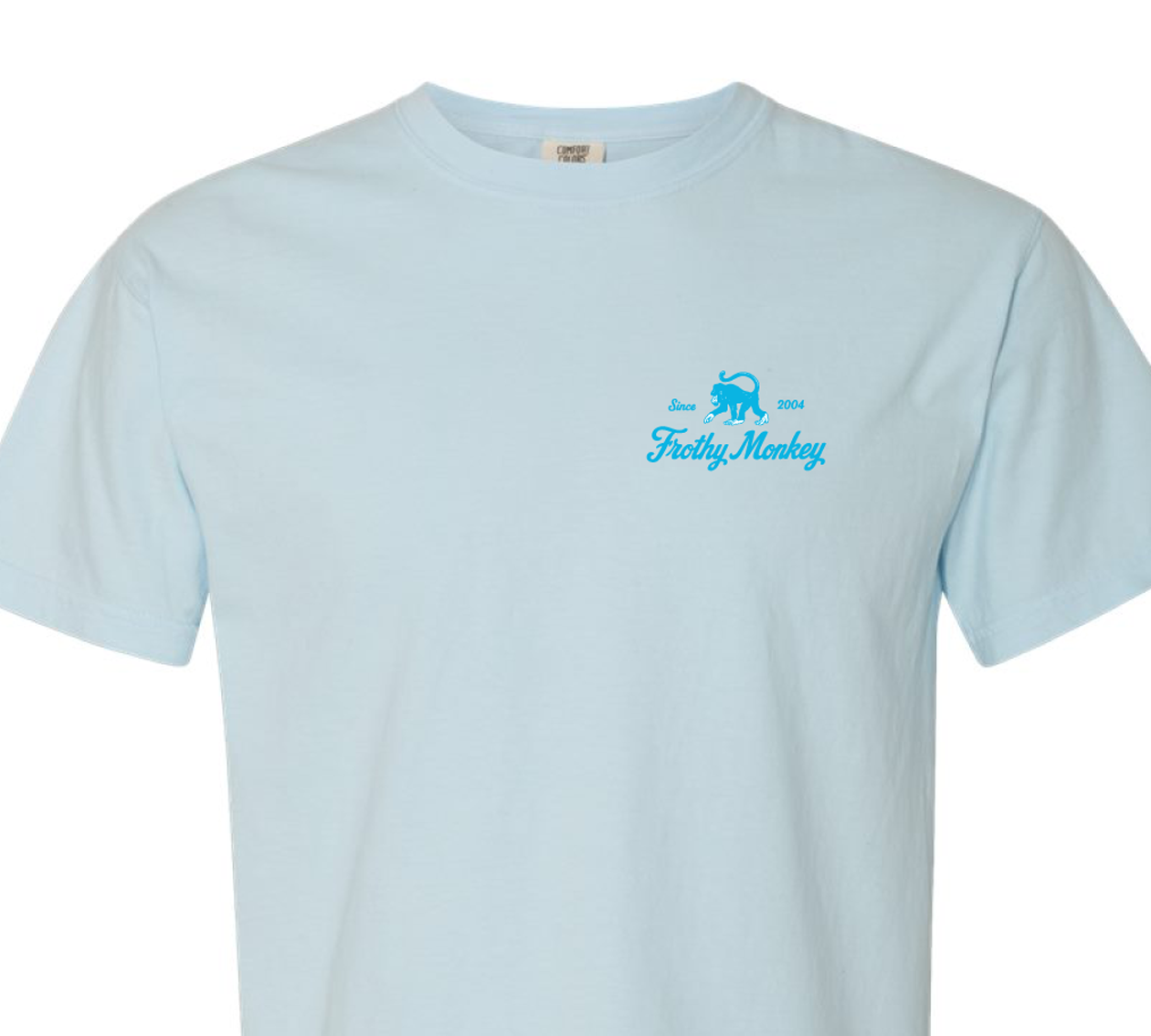 Frothy Monkey vintage logo tee in Sky Blue with Howler Blue chest print on Comfort Colors 1717 short sleeve t-shirt, front view