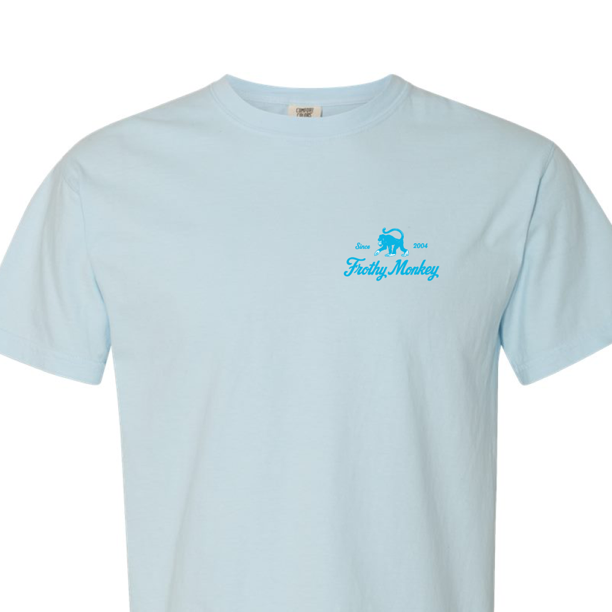 Frothy Monkey vintage logo tee in Sky Blue with Howler Blue chest print on Comfort Colors 1717 short sleeve t-shirt, front view