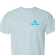 Frothy Monkey vintage logo tee in Sky Blue with Howler Blue chest print on Comfort Colors 1717 short sleeve t-shirt, front view