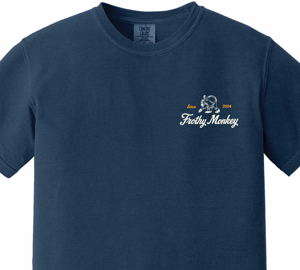 Frothy Monkey vintage logo tee in True Navy, front view with cream and marigold left chest print