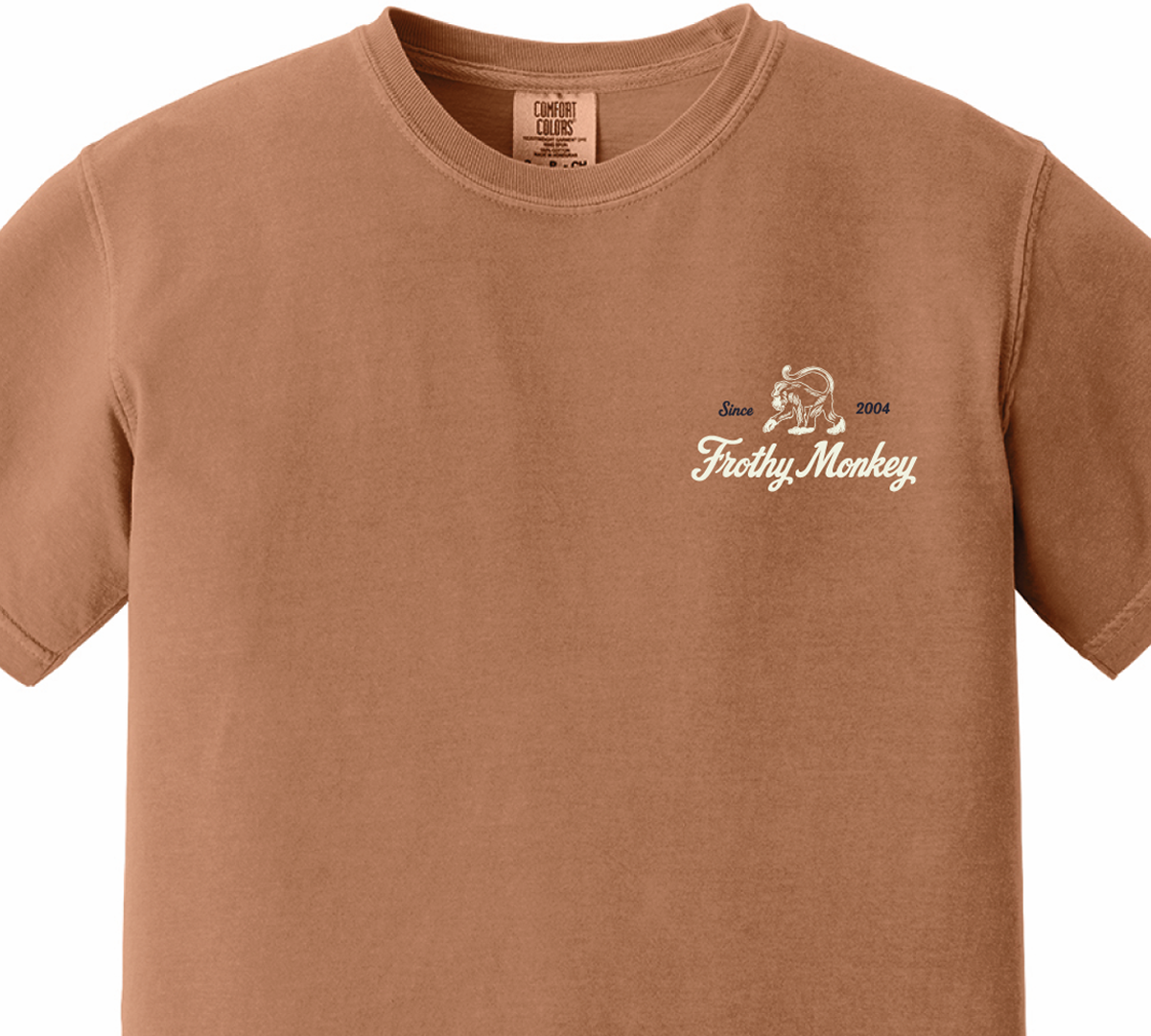 Frothy Monkey vintage logo tee in Yam, front view with cream left chest print and navy Since 2004 lettering