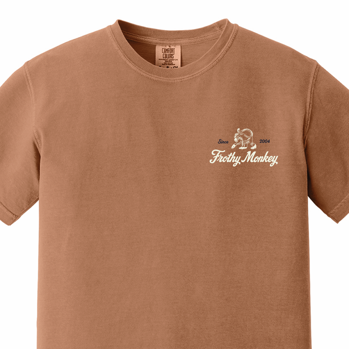 Frothy Monkey vintage logo tee in Yam, front view with cream left chest print and navy Since 2004 lettering