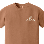 Frothy Monkey vintage logo tee in Yam, front view with cream left chest print and navy Since 2004 lettering