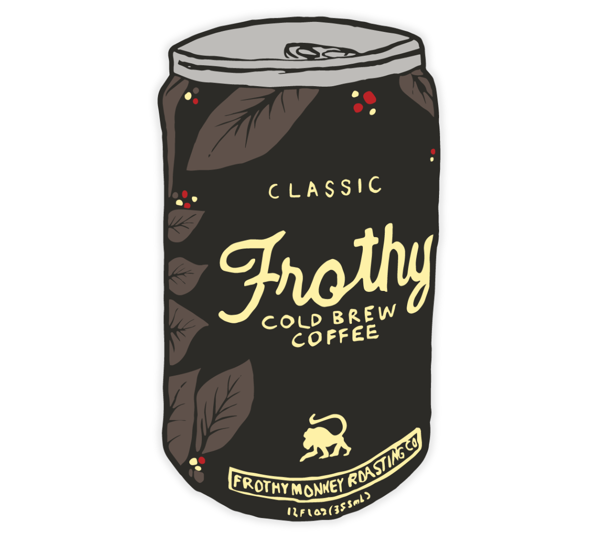 Die cut sticker of a hand illustrated Frothy Monkey Classic Cold Brew Coffee can in dark brown with coffee leaves and cherries
