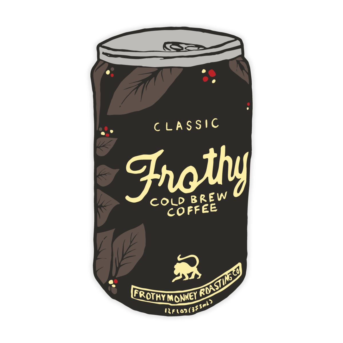 Die cut sticker of a hand illustrated Frothy Monkey Classic Cold Brew Coffee can in dark brown with coffee leaves and cherries