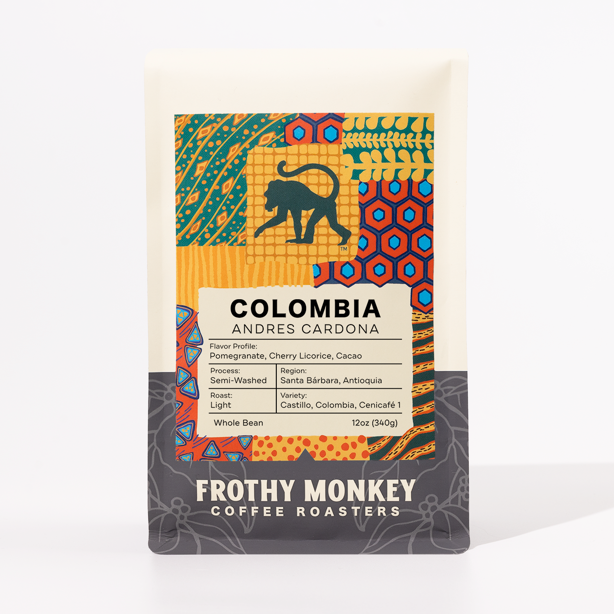 Colombia Andres Cardona 12oz coffee bag standing upright, light roast single origin from Santa Barbara, Colombia