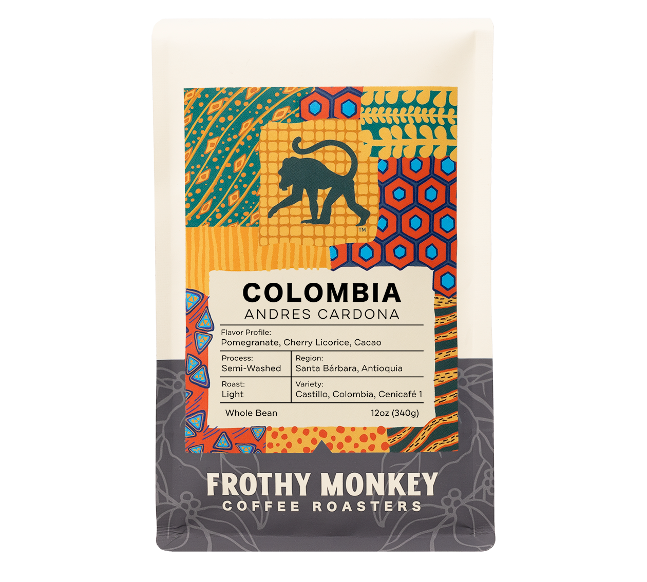 Colombia Andres Cardona 12oz coffee bag, semi-washed light roast with pomegranate, cherry licorice, and cacao