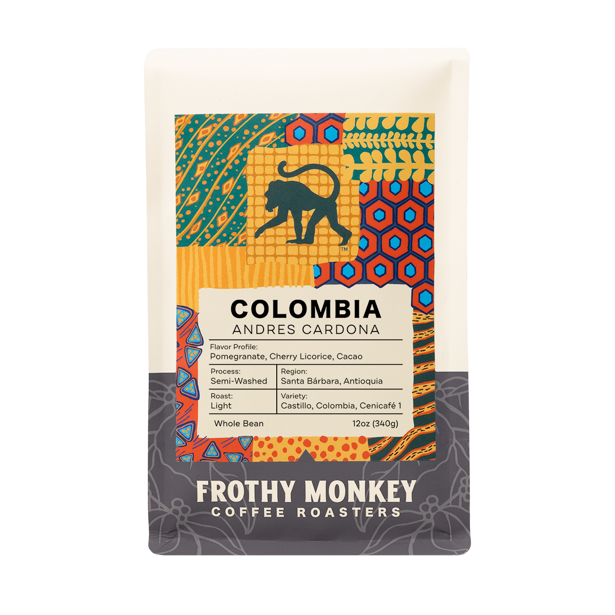 Colombia Andres Cardona 12oz coffee bag, semi-washed light roast with pomegranate, cherry licorice, and cacao