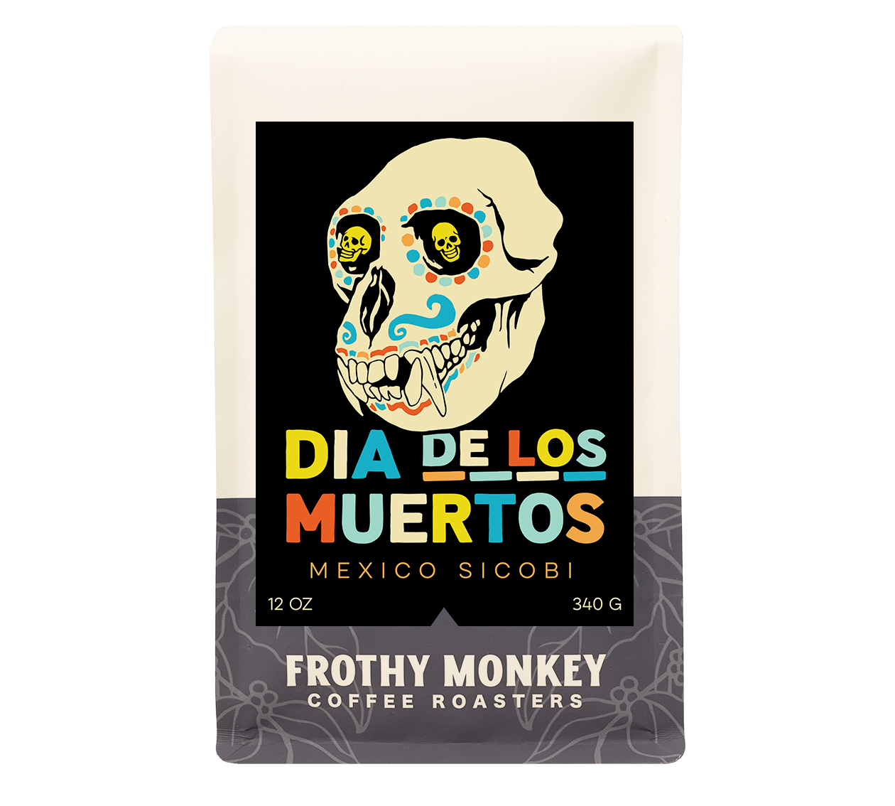Dia de los Muertos 12oz coffee bag, Mexico Sicobi washed light roast with hazelnut, snickerdoodle, and tiramisu