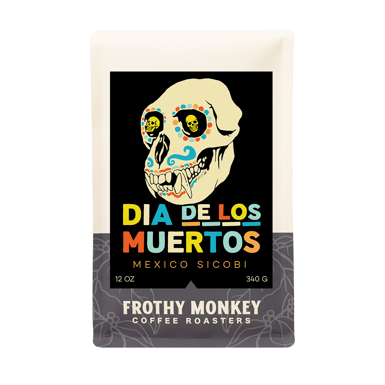Dia de los Muertos 12oz coffee bag, Mexico Sicobi washed light roast with hazelnut, snickerdoodle, and tiramisu
