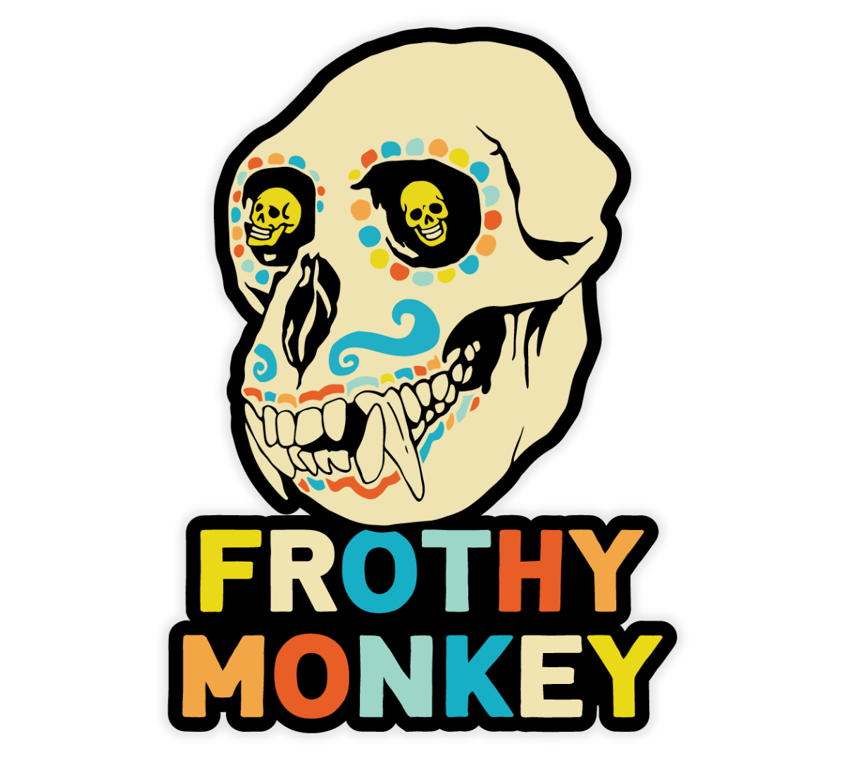 Die cut sticker of a monkey skull decorated in Dia de Muertos sugar skull style with turquoise and orange patterns, above multicolor Frothy Monkey lettering
