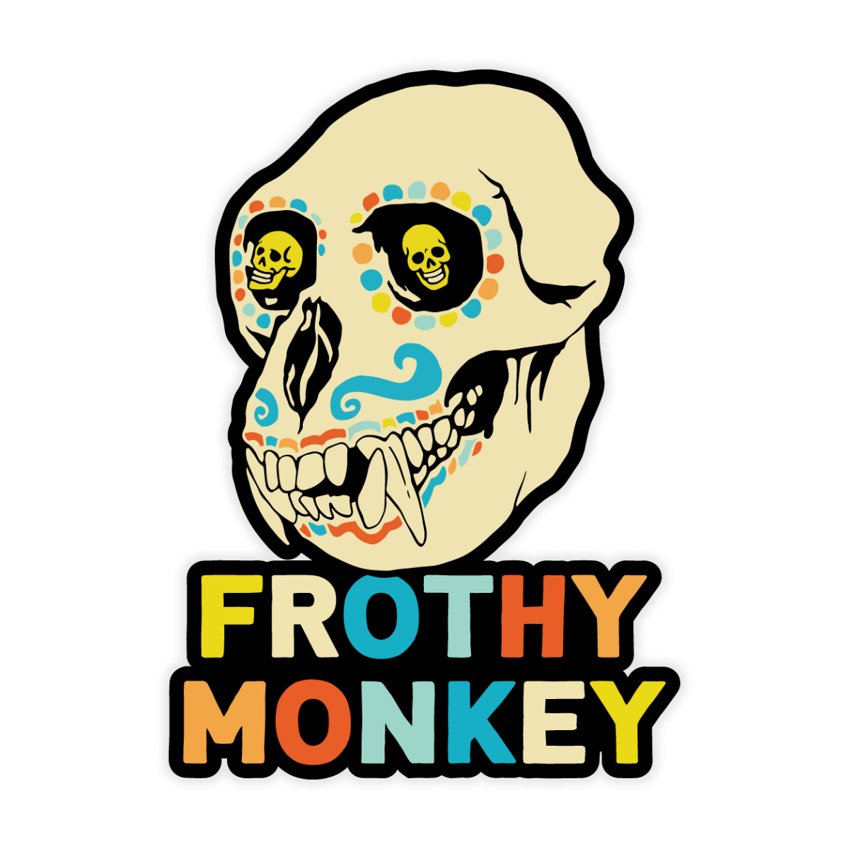 Die cut sticker of a monkey skull decorated in Dia de Muertos sugar skull style with turquoise and orange patterns, above multicolor Frothy Monkey lettering