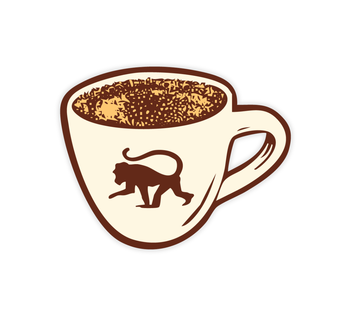Die cut sticker of a cream cappuccino mug with crema on top and a walking monkey silhouette on the side, drawn in brown line art