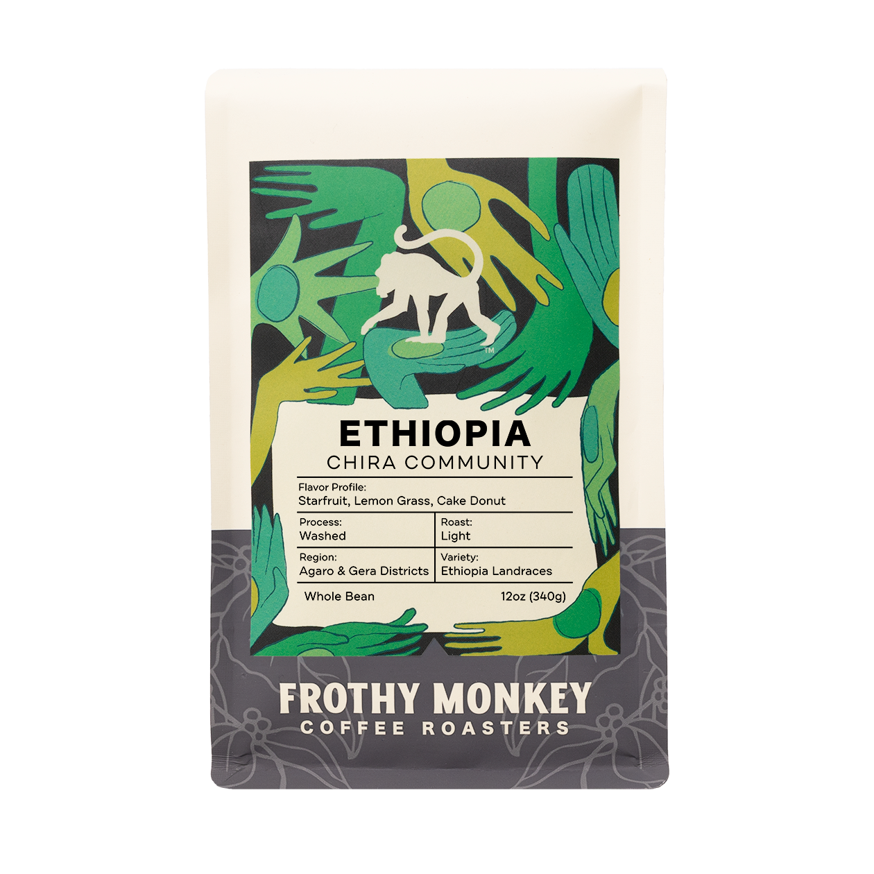 Ethiopia Chira Community 12oz whole bean bag with green hand-illustrated label, washed light roast single origin, Ethiopia