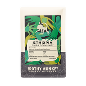 Ethiopia Chira Community 12oz whole bean bag with green hand-illustrated label, washed light roast single origin, Ethiopia