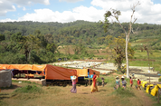 Coffee washing station with raised drying beds and workers below a forested hillside, Jimma Zone, Ethiopia
