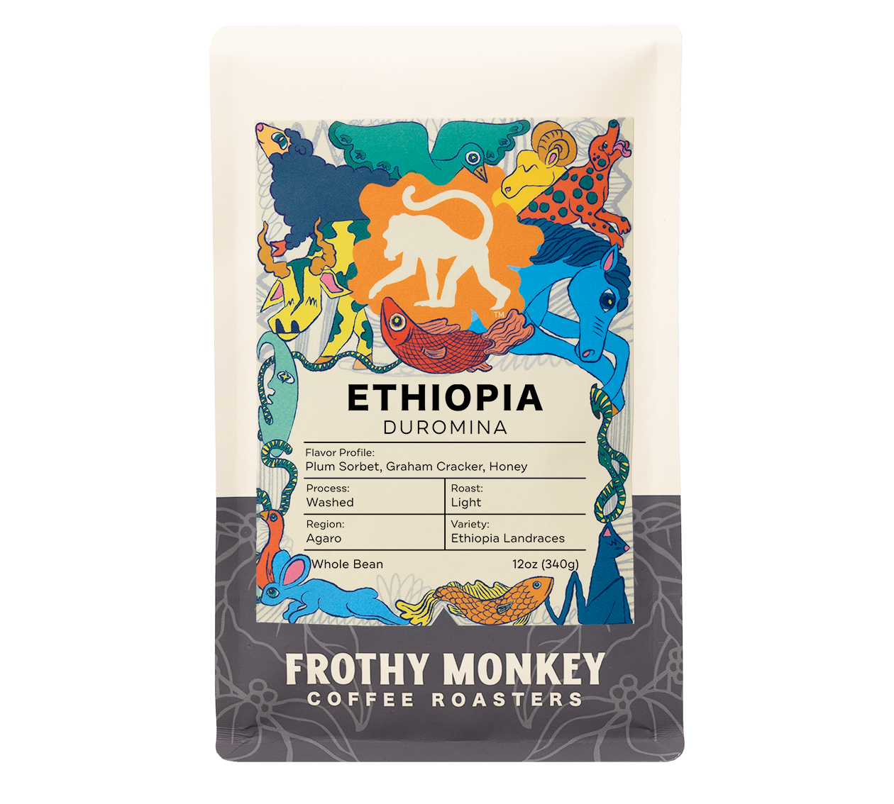 Ethiopia Duromina coffee bag, plum sorbet notes, washed landrace coffee from Agaro, Ethiopia